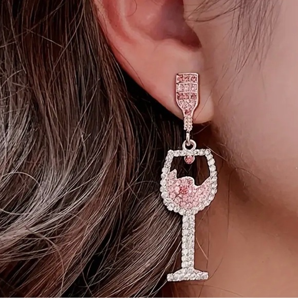 Elegant Pink and Silver Wine Glass Earrings - Picture 2 of 4